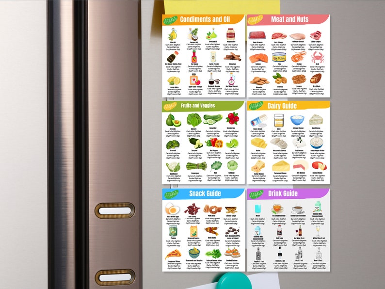 May include: Six colorful refrigerator magnets with images of food and text labels. The magnets are labeled "Condiments and Oil", "Meat and Nuts", "Fruits and Veggies", "Dairy Guide", "Snack Guide", and "Drink Guide".