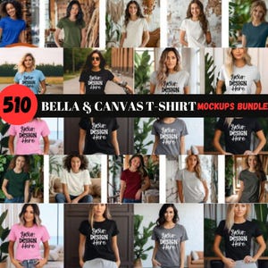 以下が含まれることがあります： さまざまな色とスタイルの510種類のBellaとCanvasのTシャツモックアップのコレクション。モックアップは、さまざまなポーズと設定でモデルに表示されます。