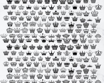 May include: A large collection of black and white crown silhouettes. The crowns are of various styles and sizes, with some featuring intricate details.