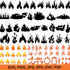May include: A set of 60 black and orange flame illustrations. The flames are in various shapes and sizes, including simple flames, detailed flames, and flames with smoke. The flames are perfect for use in digital designs, crafts, and other creative projects.