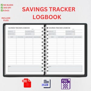May include: A black and white image of a savings tracker logbook with a spiral binding. The logbook is open to two pages with columns for date, description, income, and expenses. The logbook is labeled "Savings Tracker Logbook". The image also includes icons for PDF, JPG, and PNG file formats.