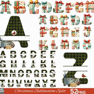 Puede incluir: Un conjunto de 52 letras del alfabeto con temática navideña en formato PNG. Las letras están divididas en dos, con un diseño de cuadros verdes y negros en la mitad inferior y un diseño festivo de regalos envueltos en la mitad superior. Las letras son perfectas para crear manualidades navideñas personalizadas.