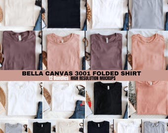 Folded Bella Canvas 3001 Tshirt flat lay mockup bundle Trendy shirt mockups 3001 T-shirt mockup