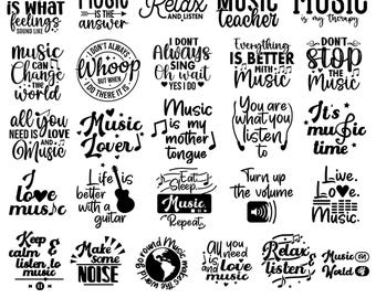 May include: A black and white graphic design set of 31 music quotes. The quotes include "Music is what feelings sound like", "Music is the answer", "Relax and listen", "Music teacher", "Music is my therapy", "I don't always sing, oh wait yes I do", "Everything is better with music", "Don't stop the music", "All you need is love and music", "You are what you listen to", "It's music time", "Music is my mother tongue", "Life is better with a guitar", "Eat, sleep, music, repeat", "Turn up the volume", "Live, love, music", "Keep calm and listen to music", "Make some noise", "Music makes the world go round", "Relax and listen", "Music on, world off".