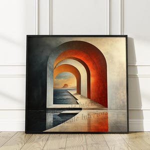 Gerahmt | MID CENTURY MODERN ~ Ätherische Torbögen Surrealer Ozean-Sonnenuntergang | Holzgerahmte Wandkunst | Maßgeschneiderte Wohnkultur Poster | Versand inklusive