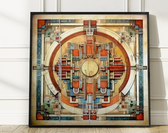 Framed Frank Lloyd Wright Inspired Wall Art | Mid Century Modern Wall Decor | Geometric Abstract Print for Home & Office | Free Shipping USA
