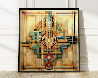 Framed Frank Lloyd Wright Inspired Wall Art | Mid Century Modern Wall Decor | Geometric Abstract Print Home & Office | Shipping Fee Included