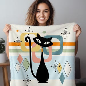 MID CENTURY MODERN || Sherpa Fleece Blanket Atomic Cat Bliss - Cozy Chic for Cat Enthusiasts Gift For Cat Mom Cat Dad Home Decor, Cat Lovers