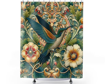 WILLIAM MORRIS Inspired Shower Curtain || Hummingbird Home Decor Bathroom Decor Housewarming Gift Bird Lovers Retro Vintage Shower Curtains
