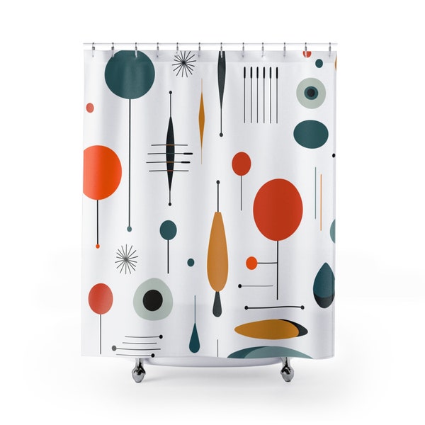 MID CENTURY MODERN (White Background) | Shower Curtain Retro, Bathroom Decor Home Decor, Bespoke Housewarming Gift, Unique Wedding Gift