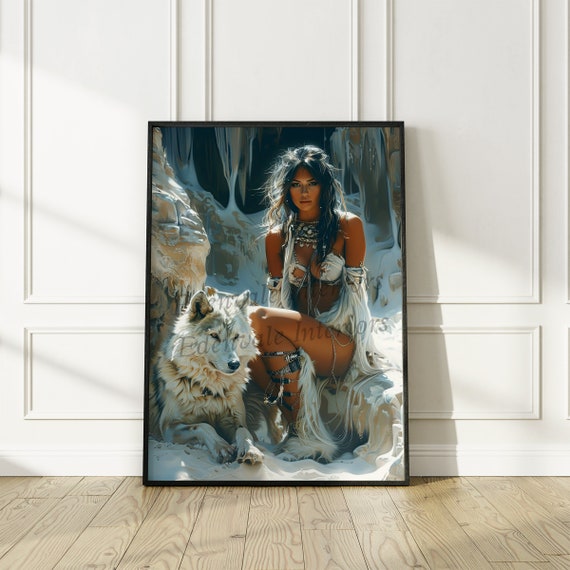 Framed | FANTASY ART ~ Spirit Of The Wild Wooden Framed Premium Matte Print Enchanting Native Woman And White Wolf ~ A Fantasy Fusion 6-3-13
