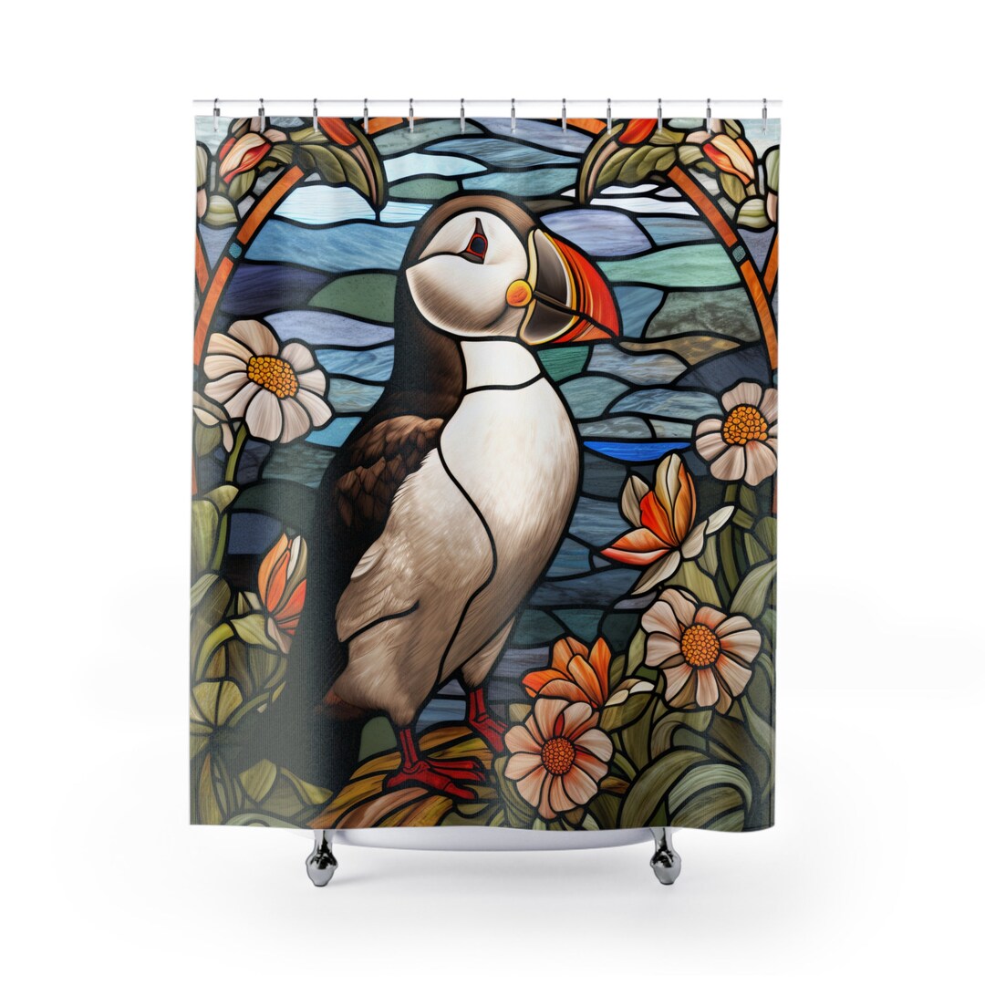 STAINED GLASS Inspired Shower Curtain Whimsical Puffin Paradise, Fun ...