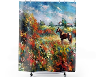 CLAUDE MONET Inspired || Shower Curtain Equestrian Serenity ~ Artistic Horse In Meadow, Bespoke Home Decor Boho Bathroom Decor Gift For Mom