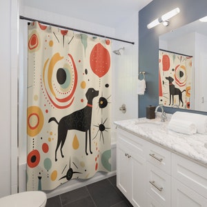 MID CENTURY MODERN Atomic Dog || Shower Curtain Bathroom Decor Home Decor Bespoke Housewarming Gift Unique Wedding Gift For Him Gift For Her
