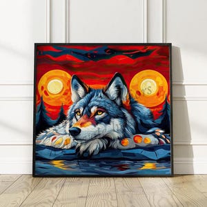 Framed | NORVAL MORRISSEAU Wall Art | Vibrant Wolf Spirit Inspired By Renowned Indigenous Artist, Wooden Framed Poster | Free Shipping