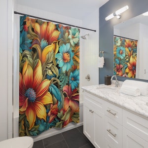 WILLIAM MORRIS Inspired Boho Floral Shower Curtain || Vibrant Home Decor Botanical Shower Curtains Unique Bathroom Decor Housewarming Gift