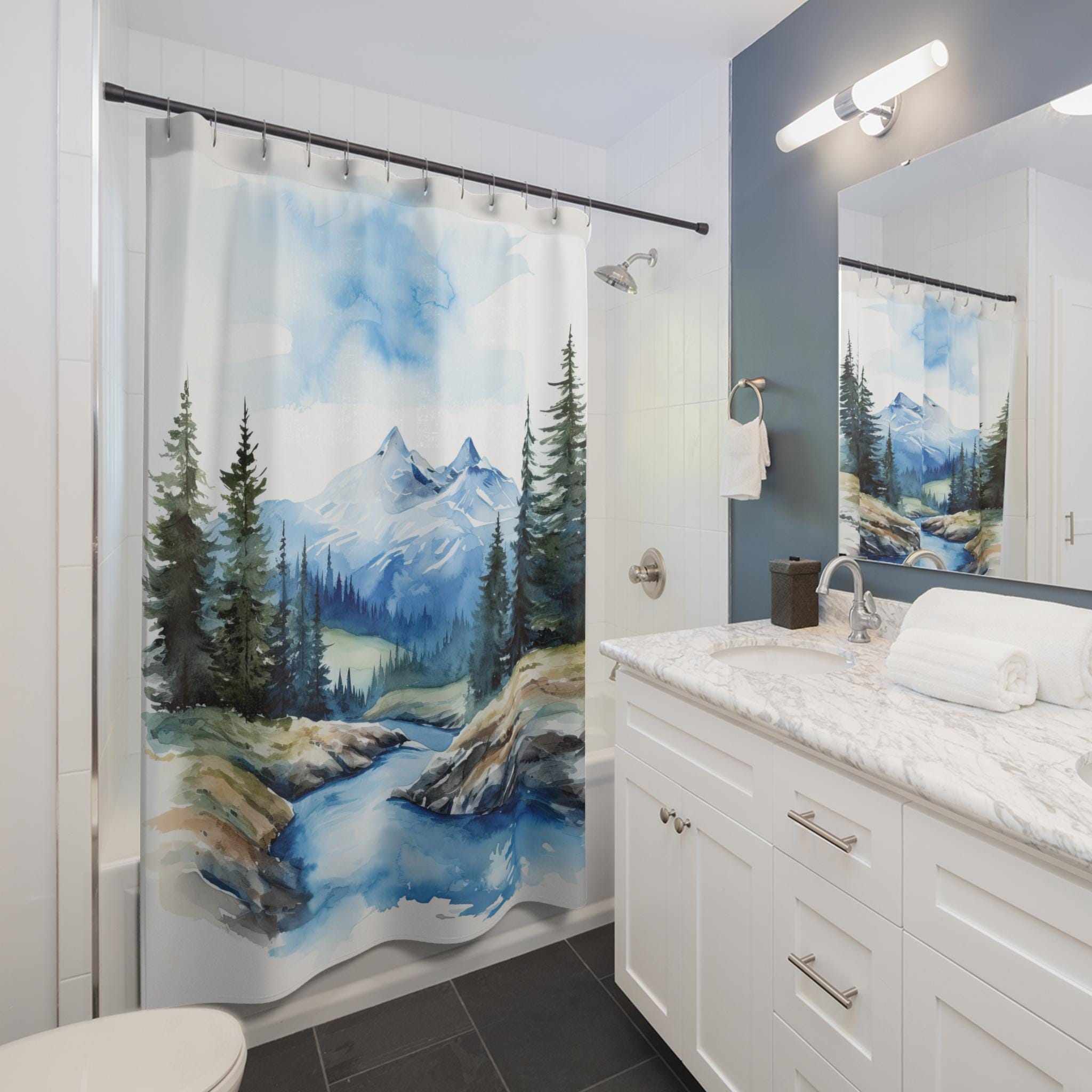 Watercolor Mountain Shower Curtain | Serene Nature Landscape Bathroom Decor | Rustic Cabin Lodge Shower Curtain | Tranquil River Forest Art