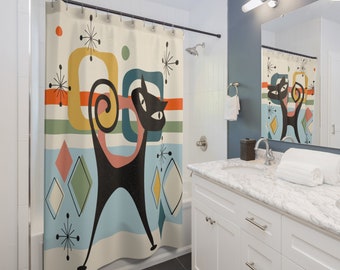 MID CENTURY MODERN || Shower Curtain Atomic Cat Retro Bathroom Decor Home Decor Bespoke Housewarming Gift Unique Wedding Gift For Couples
