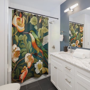 William Morris Inspired Hummingbird Shower Curtain: Floral Bathroom Decor