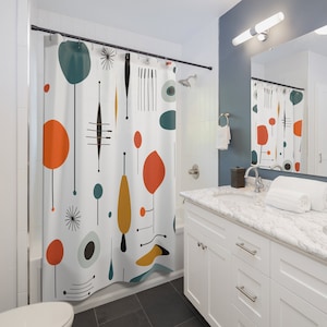 MID CENTURY MODERN (White Background) | Shower Curtain Retro, Bathroom Decor Home Decor, Bespoke Housewarming Gift, Unique Wedding Gift
