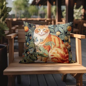 William Morris Inspired Outdoor Pillow || Charming Calico Cat Enchanting Floral Boho Home Decor Cozy Accent Cushion Housewarming Gift