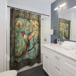 William Morris Inspired Hummingbird Shower Curtain: Floral Bathroom Decor