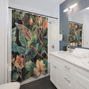 William Morris Inspired Hummingbird Shower Curtain: Floral Botanical Decor