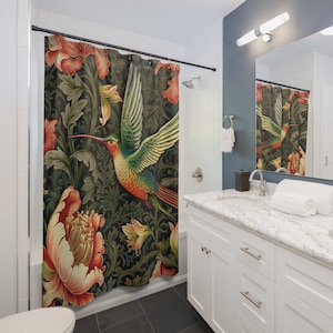 WILLIAM MORRIS Inspired Shower Curtain || Hummingbird Home Decor Bathroom Decor Housewarming Gift Bird Lovers Retro Vintage Shower Curtains