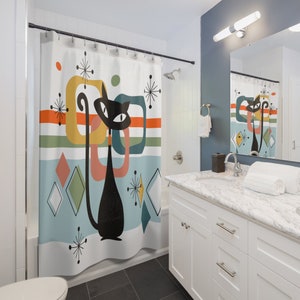 MID CENTURY MODERN (Branco) || Cortina de Chuveiro Atomic Cat Decoração de Banheiro Decoração de Casa Decoração de Casa Personalizada Presente de Casamento Único para Casais