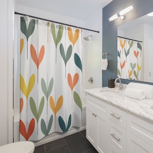 Cortina de chuveiro moderna de meados do século: decoração de banheiro com estampa floral abstrata e retrô