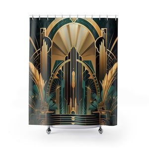 ART DECO Shower Curtain || Bespoke Bathroom Decor Retro Modern Shower Curtains Vintage Home Decor Unique Interior Design Housewarming Gift