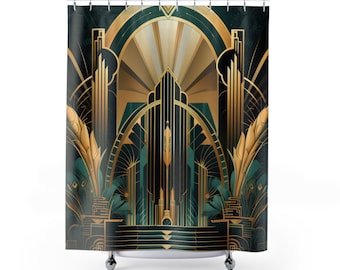 ART DECO Shower Curtain || Bespoke Bathroom Decor Retro Modern Shower Curtains Vintage Home Decor Unique Interior Design Housewarming Gift