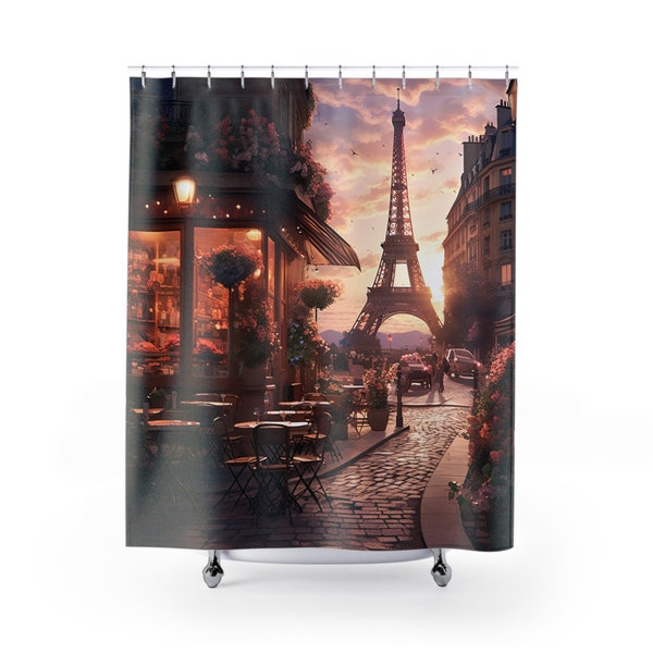 Parisian Café Charm Eiffel Tower Shower Curtain || Enchanting Paris Romantic Getaway, Bespoke Bathroom Decor, Exquisite Shower Curtains