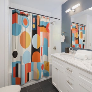 Cortina de Chuveiro Moderna de Meados do Século | Decoração de Banheiro de Meados do Século | Cortinas de Chuveiro Retrô | MCM Abstrato | Acessórios para Casa | Frete Grátis EUA