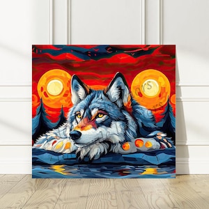 Canvas Wall Art | NORVAL MORRISSEAU Inspired Vibrant Wolf Spirit | Celebrating Indigenous Art | Bold, Colorful Design | Free Shipping