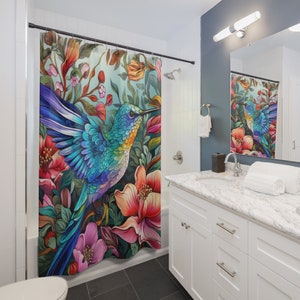 William Morris Inspired Hummingbird Shower Curtain: Floral Bathroom Decor
