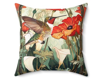 ART NOUVEAU Inspired Accent Pillow || Hummingbird Home Decor Living Room Cushions Housewarming Gift For Her, Unique Custom Throw Pillow