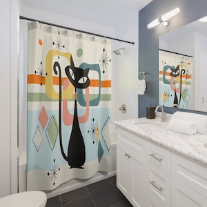 MID CENTURY MODERN (bege claro) || Cortina de chuveiro Atomic Cat Decoração de banheiro Decoração de casa Presente de inauguração de casa personalizado Presente de casamento exclusivo