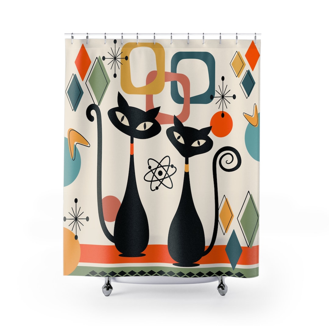 MID CENTURY MODERN Shower Curtain Atomic Cats Retro Bathroom Decor Home