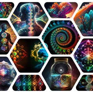 Op de afbeelding: Een collage van kleurrijke, abstracte afbeeldingen in een honingraatpatroon. De afbeeldingen omvatten een spiraal, een boom, een menselijke figuur, een DNA-streng, een pot met een sterrenstelsel erin en een geometrische vorm.