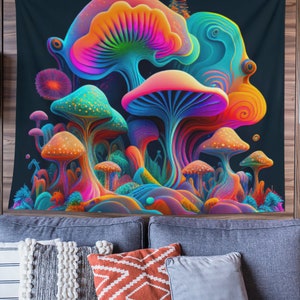 Psychedelic Mushroom Tapestry, Trippy Wall Tapestry, Psychedelic Bedroom Decor, Aesthetic Wall Decor, AI Art Tapestry, Rainbow, Magical