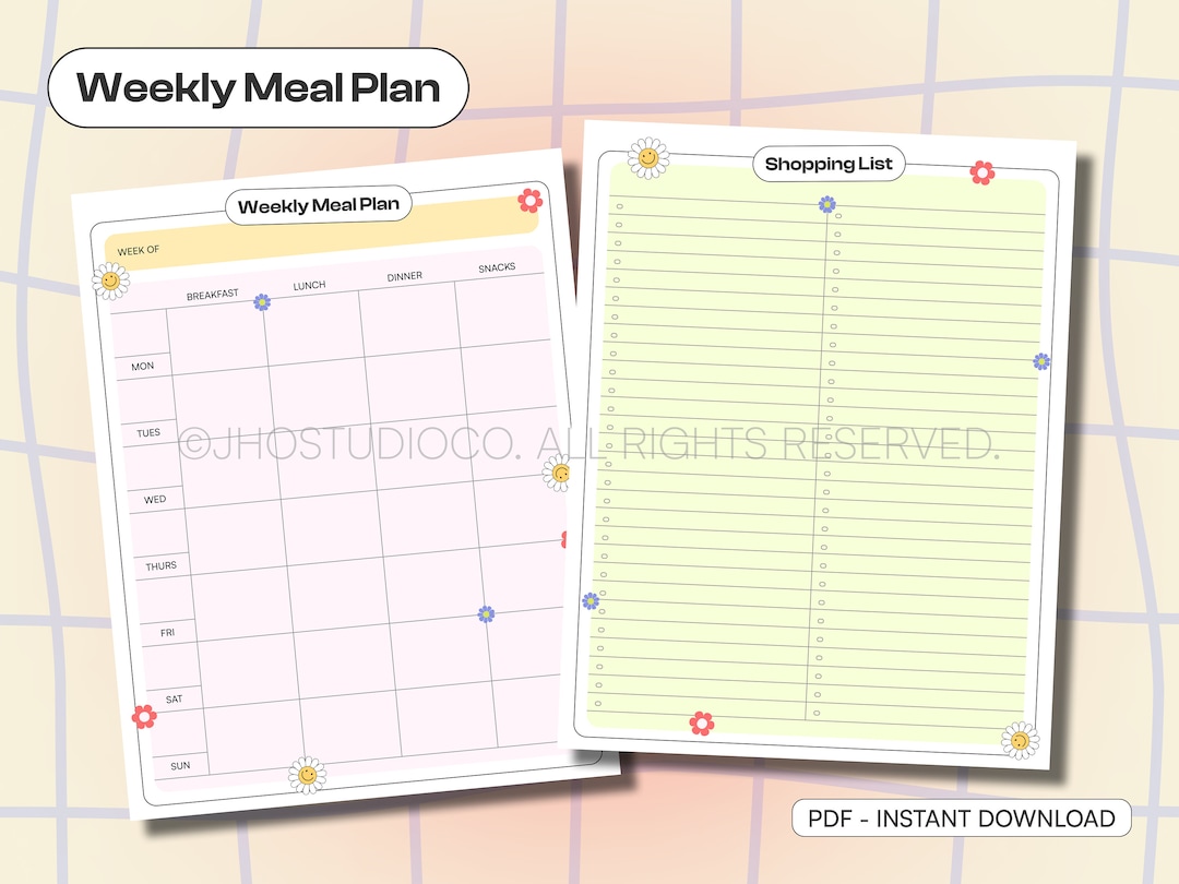 Weekly Meal Planner Printable PDF, Meal Plan Template, Grocery List