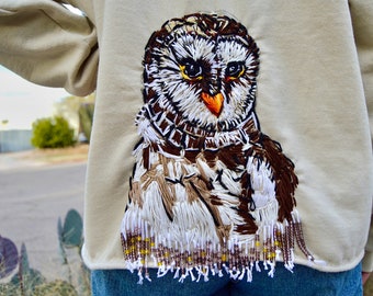 Handmade Sweatshirt with Owl Bird and Bead Fringe