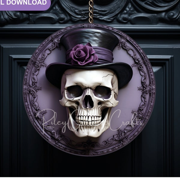 Funny Skull Head PNG, 3D Halloween Sublimation Design PNG, Room Decor, Halloween Wreath For Front Door, Round Sign Design, Digital Download