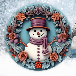 3D Snowman Wreath Sign Sublimation PNG, Round Christmas Wreath PNG Design, Door Hanger, Ornament, Digital Prints Download image 3