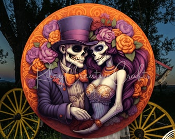 Couple Skull Wreath Sign PNG, Halloween Sublimation Designs Download, Halloween Wedding Decorations, Round Door Hanger, Dio De Los Muertos