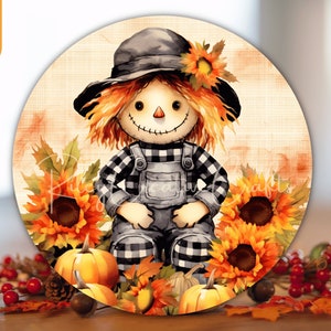 Scarecrow Door Hanger PNG, Scarecrow Wreath Sign for Front Door Decor, Thanksgiving Wreath Sublimation Design, Sunflower Wreath PNG Digital
