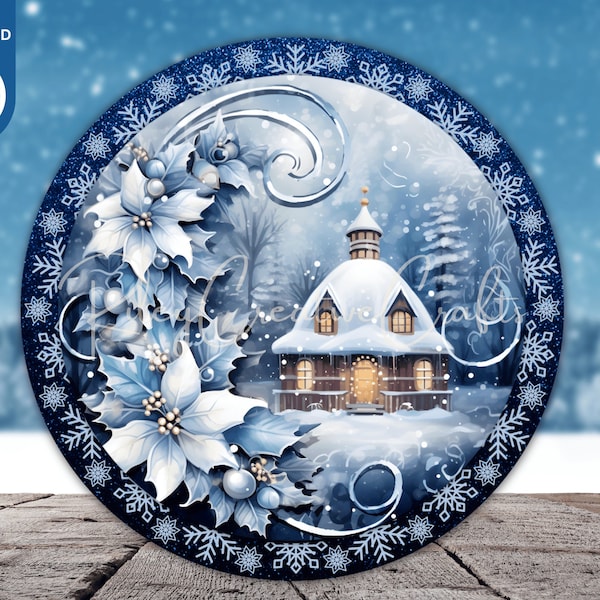 Blue Christmas Sublimation Design, Snowy Christmas Blue Ornaments PNG, Glitter Round Door Hanger, Christmas Village Wreath, Digital Download