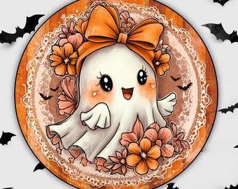 Letrero de corona fantasma, sublimación de Halloween PNG, lindo letrero de puerta espeluznante, imprimible, redondo, decoración de porche de otoño, letrero escolar espiritual, pegatinas digitales
