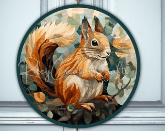 Signo de puerta de ardilla de otoño redondo PNG, diseño de sublimación de colgador de puerta de animales del bosque, corona de puerta de otoño decoración de pared digital casa de campo rústica
